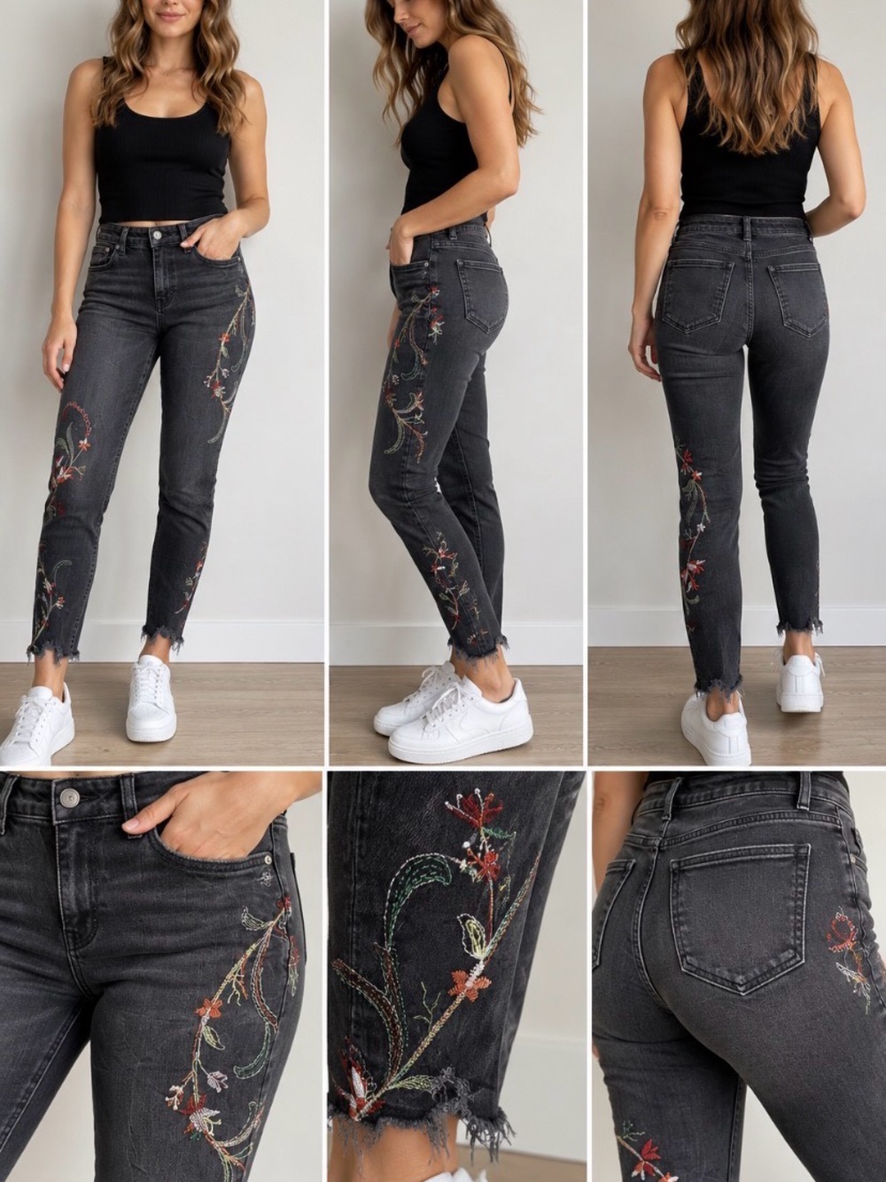 Zara Woman Premium Denim Black Floral Embroidered Skinny Jeans Size 6